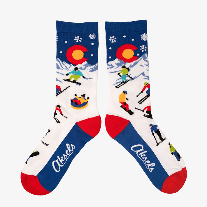 Pair of red, white and blue socks with skiing design and Colorado flag