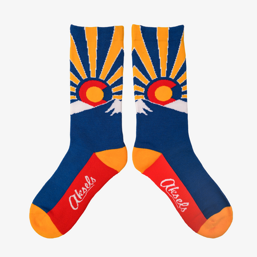 Blue, yellow and red Colorado mountain sunset socks.