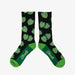Black socks with green hop pattern and green variation heel and toe.