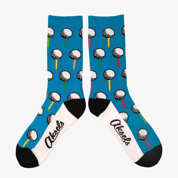 Blue socks with golf ball pattern