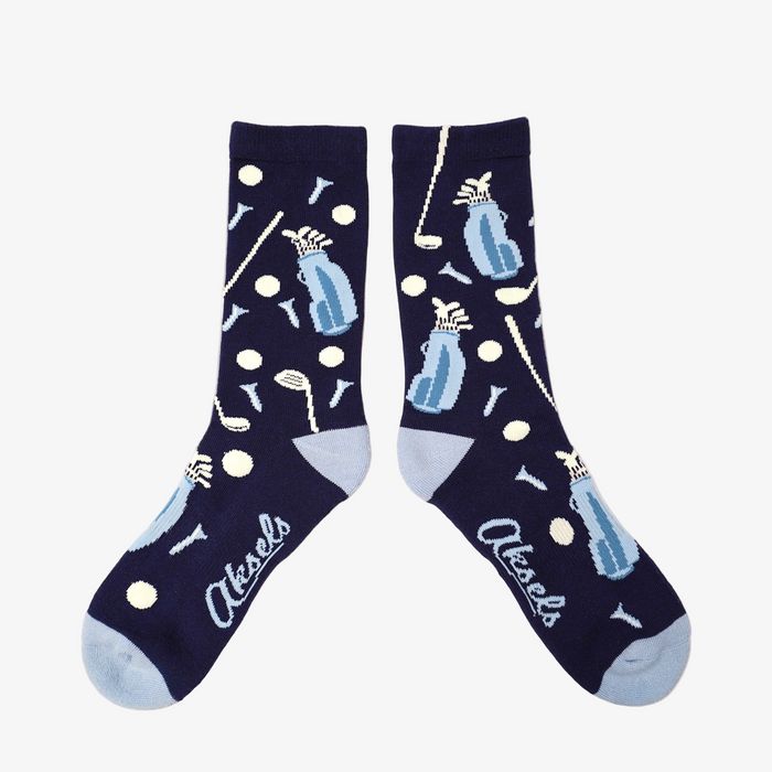 Navy blue socks with golf-themed design on a white background