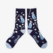 Navy blue socks with golf-themed design on a white background