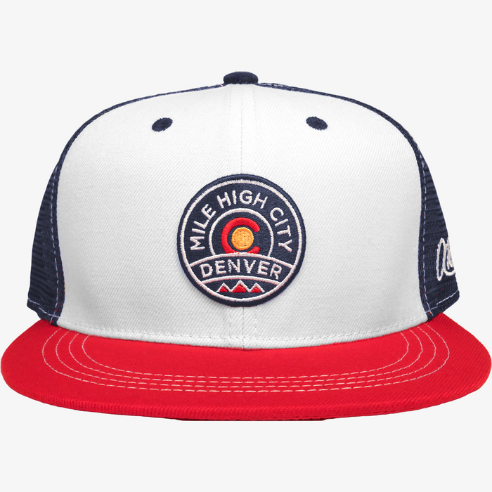 White and navy trucker cap with red brim featuring 'Mile High City Denver' logo on a white background