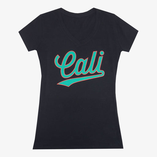 Women's V-Neck Cursive Cali T-Shirt - Black