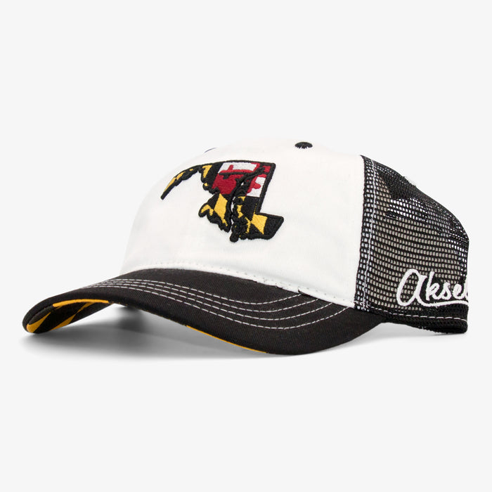 Aksels Maryland Flag Unstructured Trucker Hat - White