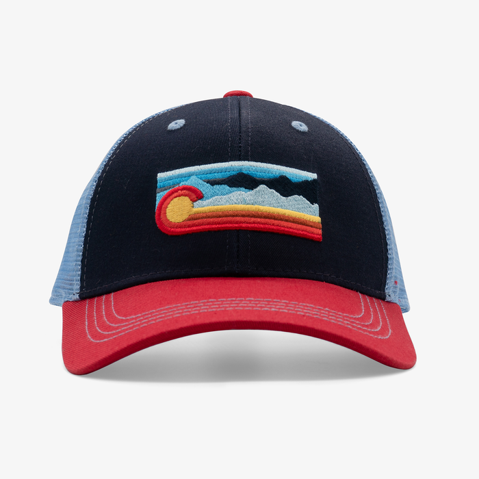Low Pro Colorado Scape Trucker Hat (Navy Blue/Red))
